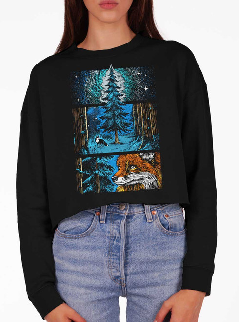 Whisper in the Woods - Multicolor on Black Women's Cropped Sweatshirt