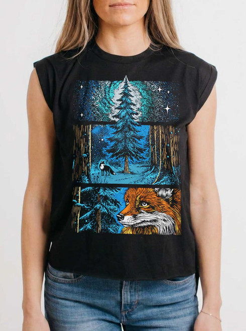 Whisper in the Woods - Multicolor on Black Women's Rolled Cuff T-Shirt