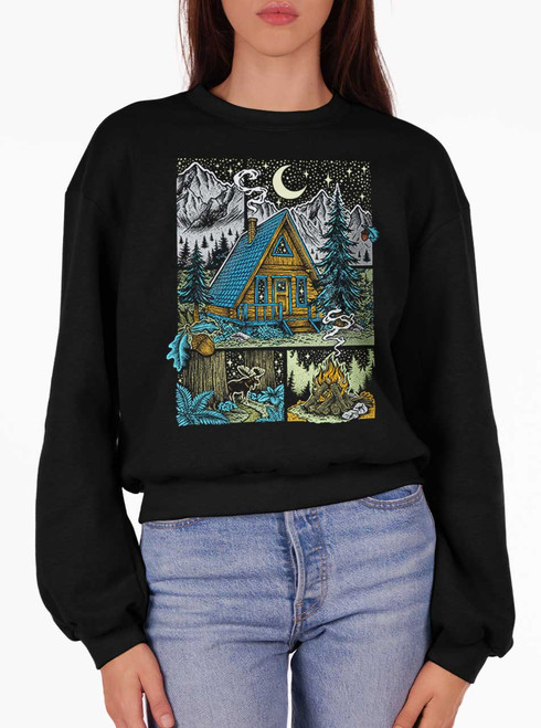 Winter Cabin - Multicolor on Black Women's Balloon Sleeve Sweatshirt