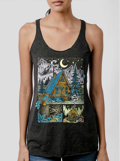 Winter Cabin - Multicolor on Heather Black Triblend Womens Racerback Tank Top
