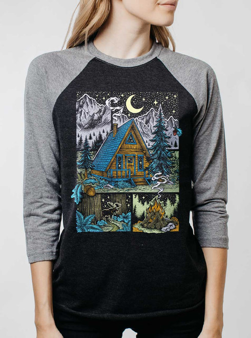 Winter Cabin - Multicolor on Heather Black and Grey Triblend Womens Raglan