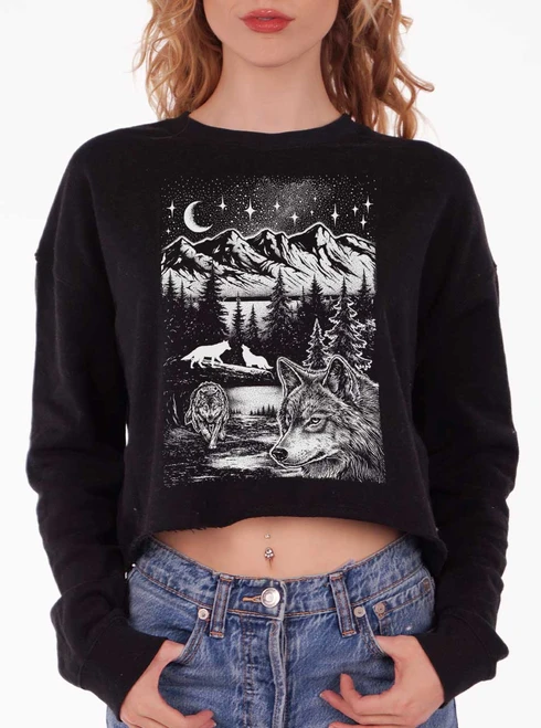 Wolf Pack - White on Black Women's Cropped Sweatshirt