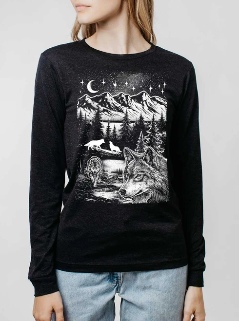 Wolf Pack - White on Heather Black Triblend Womens Long Sleeve