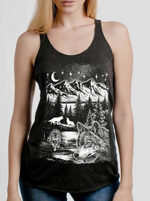 Wolf Pack - White on Heather Black Triblend Womens Racerback Tank Top