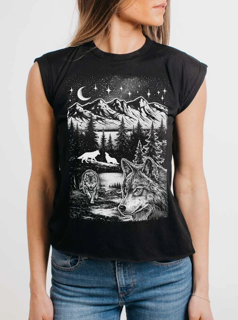 Wolf Pack - White on Black Women's Rolled Cuff T-Shirt