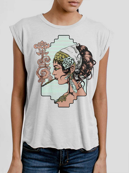 Femme Fatale - Multicolor on White Women's Rolled Cuff T-Shirt