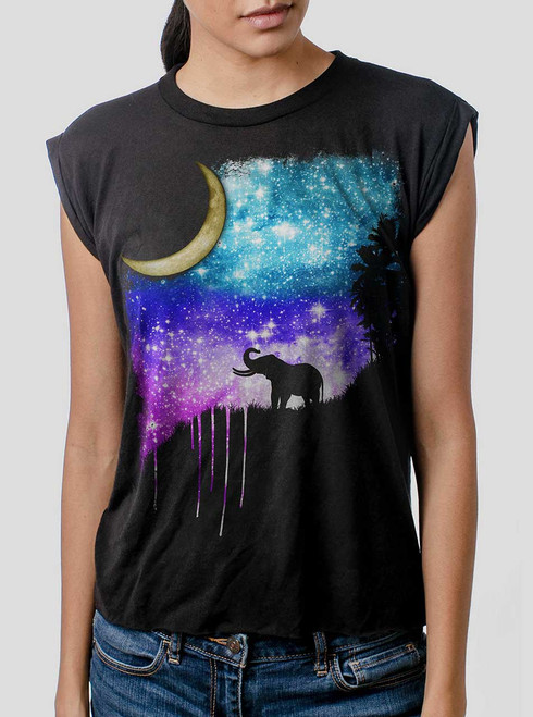 Elephant Moon - Multicolor on Black Women's Rolled Cuff T-Shirt