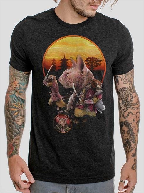 Samurai Cats - Multicolor on Heather Black Triblend Mens T Shirt
