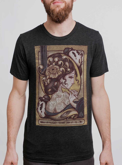 Lady with the Mask - Multicolor on Heather Black Triblend Mens T Shirt