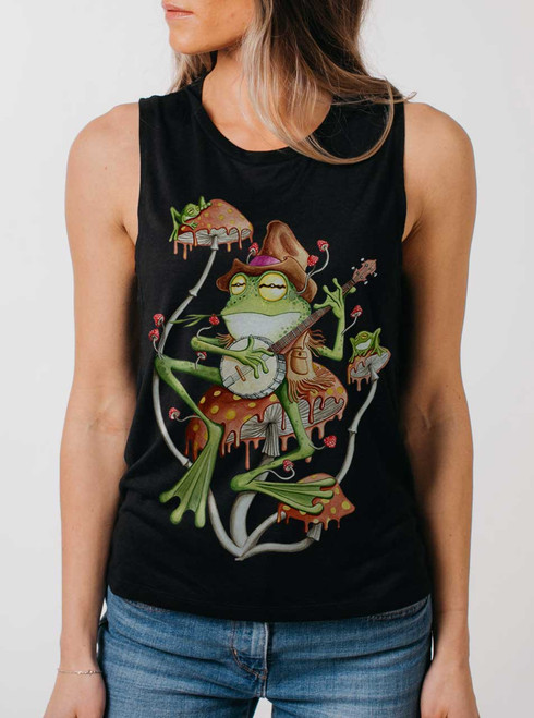 Folk Frog - Multicolor on Black Womens Muscle Tank