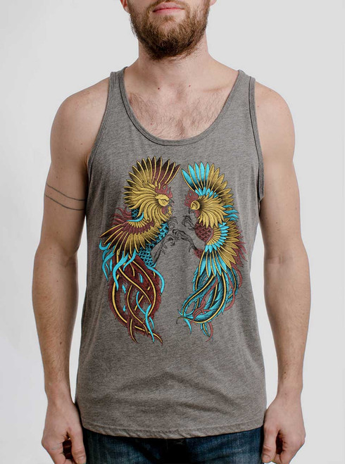 Rooster Fight - Multicolor on Heather Grey Triblend Mens Tank Top