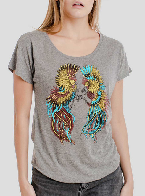 Rooster Fight - Multicolor on Heather Grey Triblend Womens Dolman T Shirt