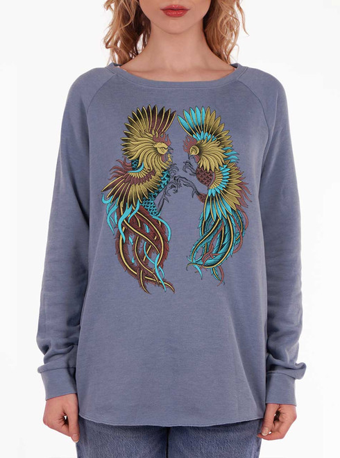 Rooster Fight - Multicolor on Misty Blue Women's California Sweatshirt