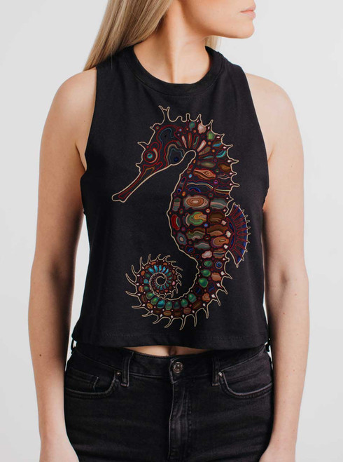 Seahorse - Multicolor on Black Womens Cropped Racerback Tank