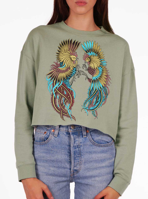 Rooster Fight - Multicolor on Sage Women's Cropped Sweatshirt