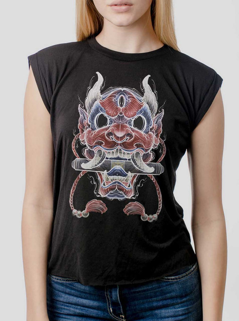 Oni Mask - Multicolor on Black Women's Rolled Cuff T-Shirt