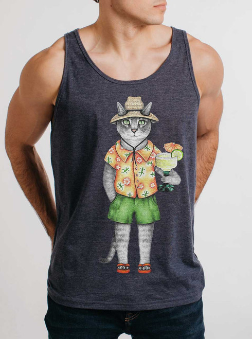 Vacation Cat - Multicolor on Heather Navy Triblend Mens Tank Top