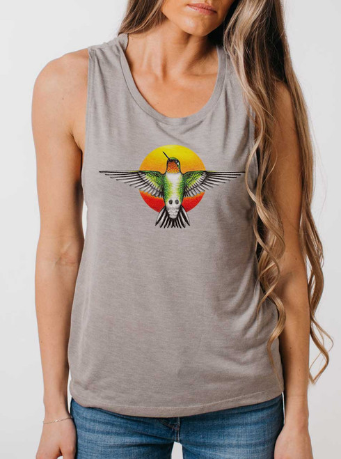 Hummingbird - Multicolor on Heather Stone Womens Muscle Tank - Curbside ...