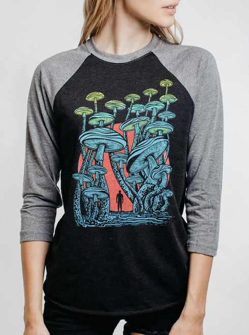 Mushroom Forest - Multicolor on Heather Black and Grey Triblend Womens Raglan