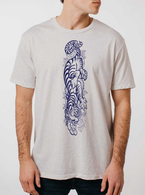 Striking Tiger - Blue on Heather White Triblend Mens T Shirt