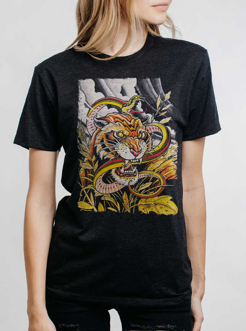 Tiger vs Snake - Multicolor on Heather Black Triblend Womens Unisex T Shirt