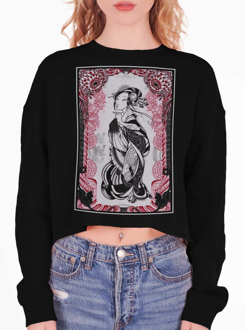 Geisha - Multicolor on Black Women's Cropped Sweatshirt