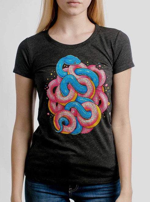Donut Snake - Multicolor on Heather Black Triblend Junior Womens T-Shirt