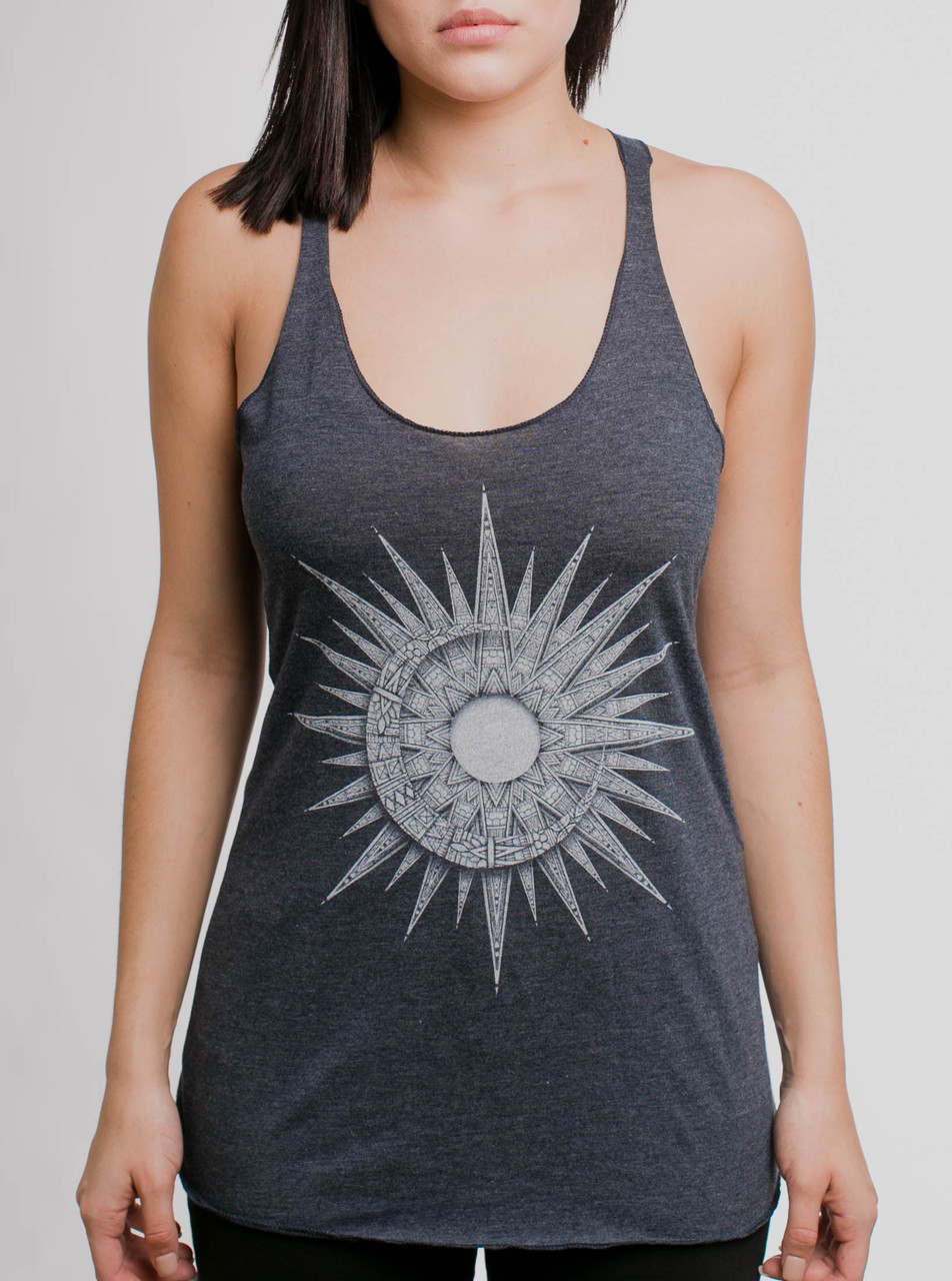 Sun Moon White On Heather Navy Triblend Women S Racerback Tank