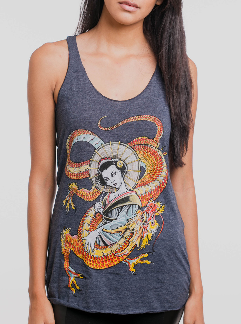 Dragon Lady - Multicolor on Heather Navy Triblend Women's