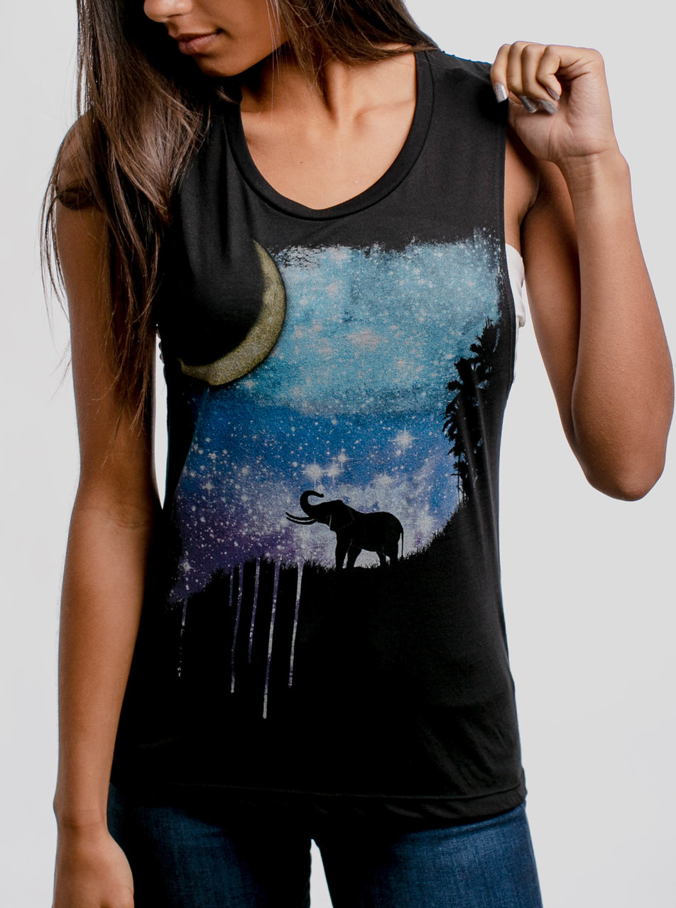 Elephant Moon Multicolor On Black Womens Muscle Tank Top
