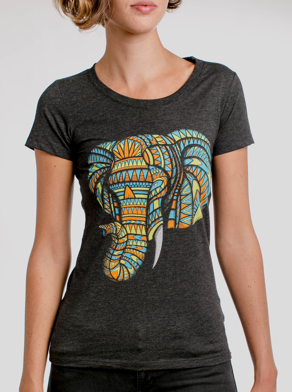 Elephant Multicolor On Heather Black Triblend Womens T Shirt