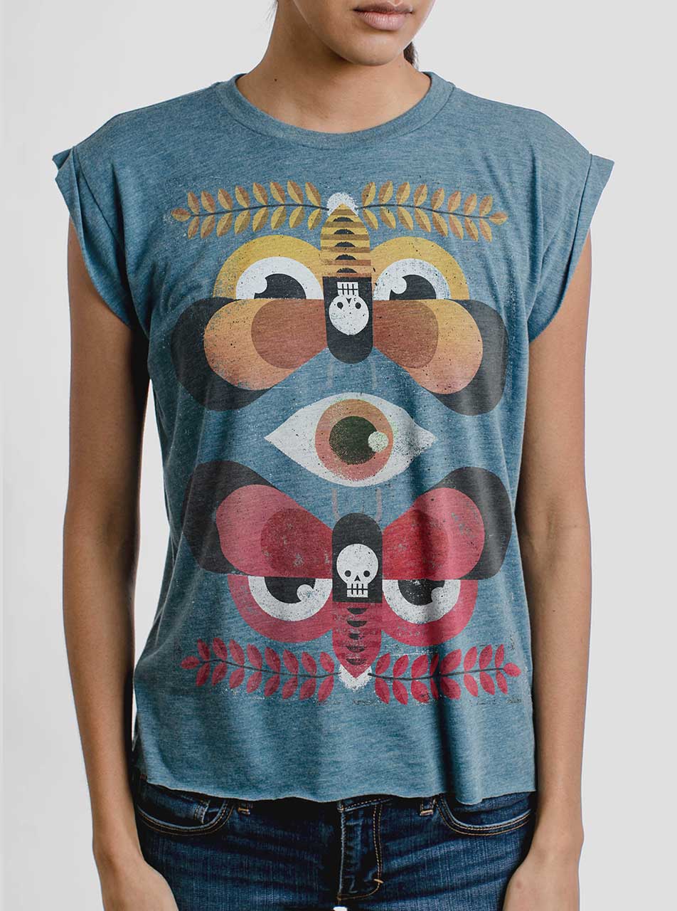 Moth Flock Multicolor On Heather Deep Teal Women S Rolled Cuff T