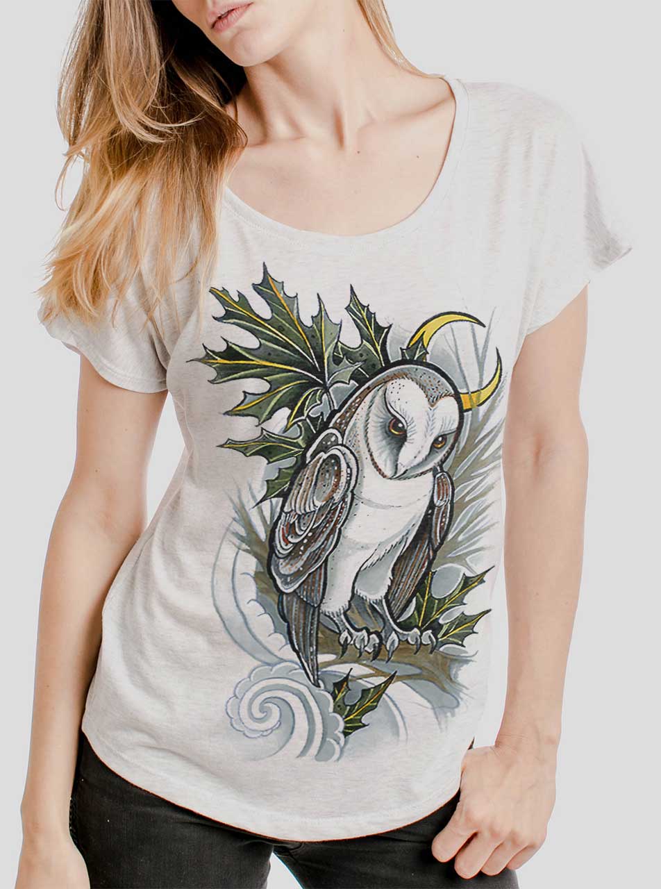 Barn Owl Black On Heather White Triblend Womens Dolman T Shirt