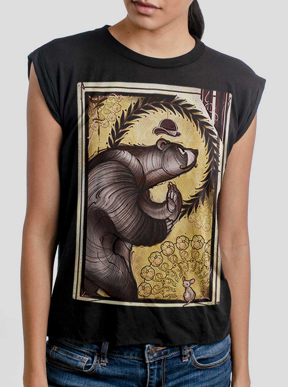 Bear And Mouse Multicolor On Black Women S Rolled Cuff T Shirt