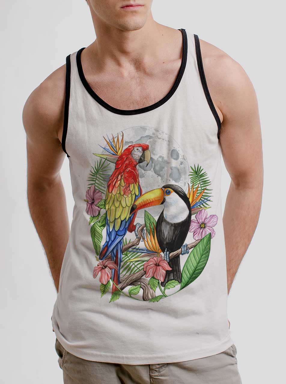Tropical Birds Multicolor On White With Black Mens Tank Top