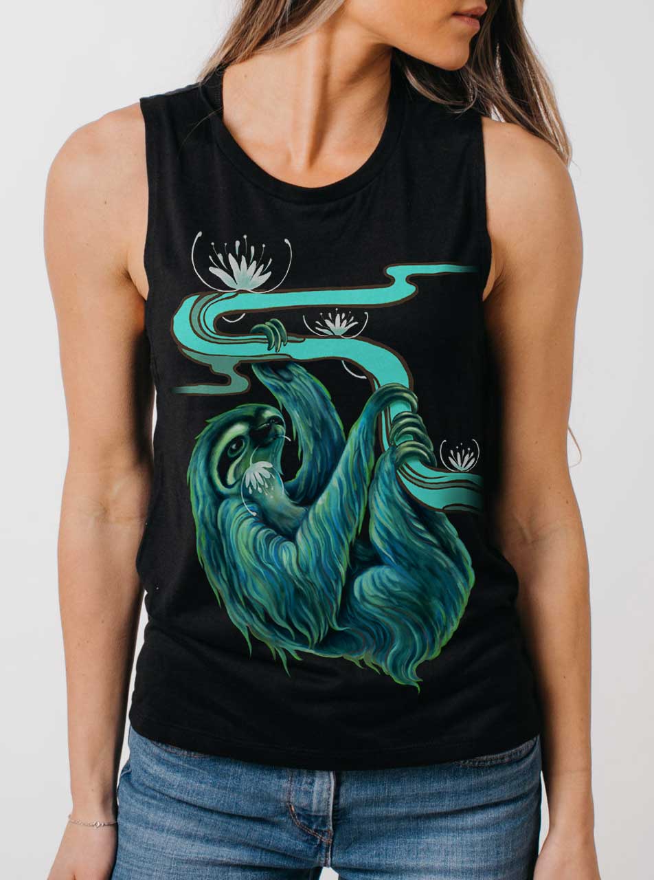 Sloth Multicolor On Black Womens Muscle Tank Curbside Clothing
