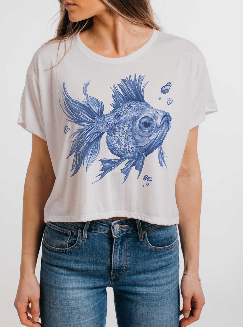 Blue Fish Multicolor On White Womens Oversized Cropped T Shirt