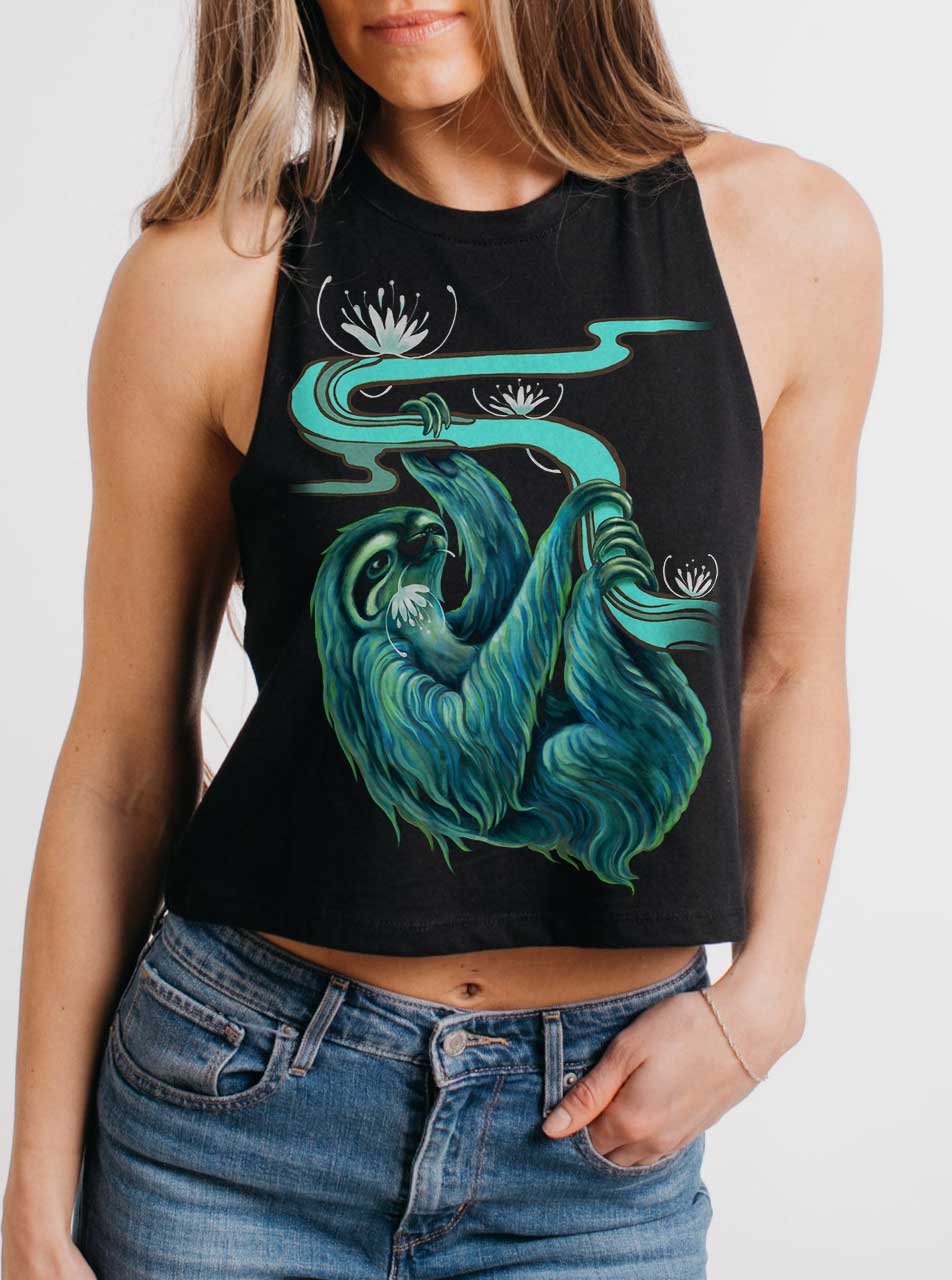 Sloth Multicolor On Black Womens Cropped Racerback Tank Curbside Clothing