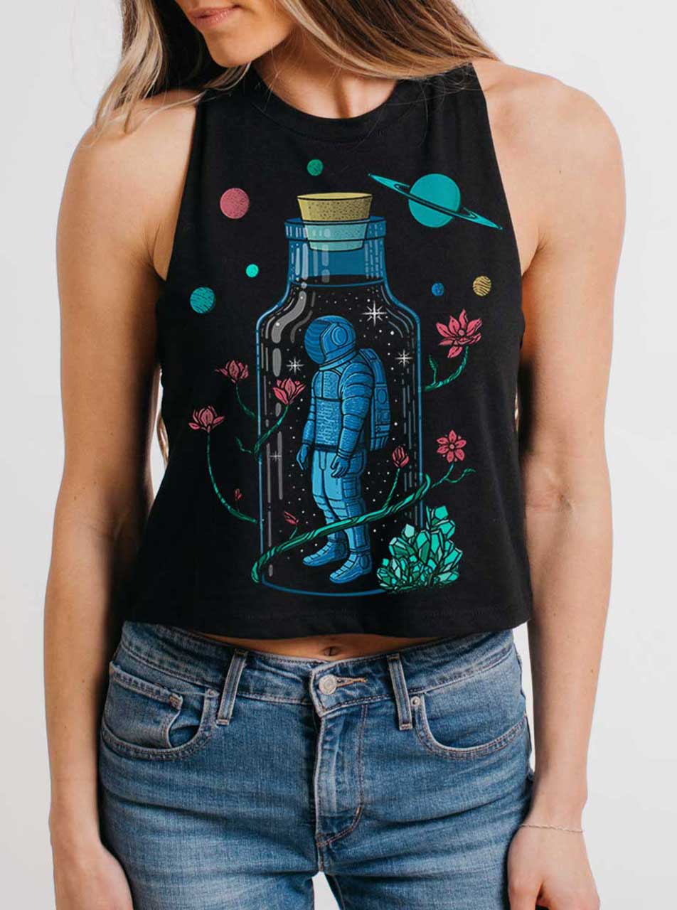Astro Sauce Multicolor On Black Womens Cropped Racerback Tank