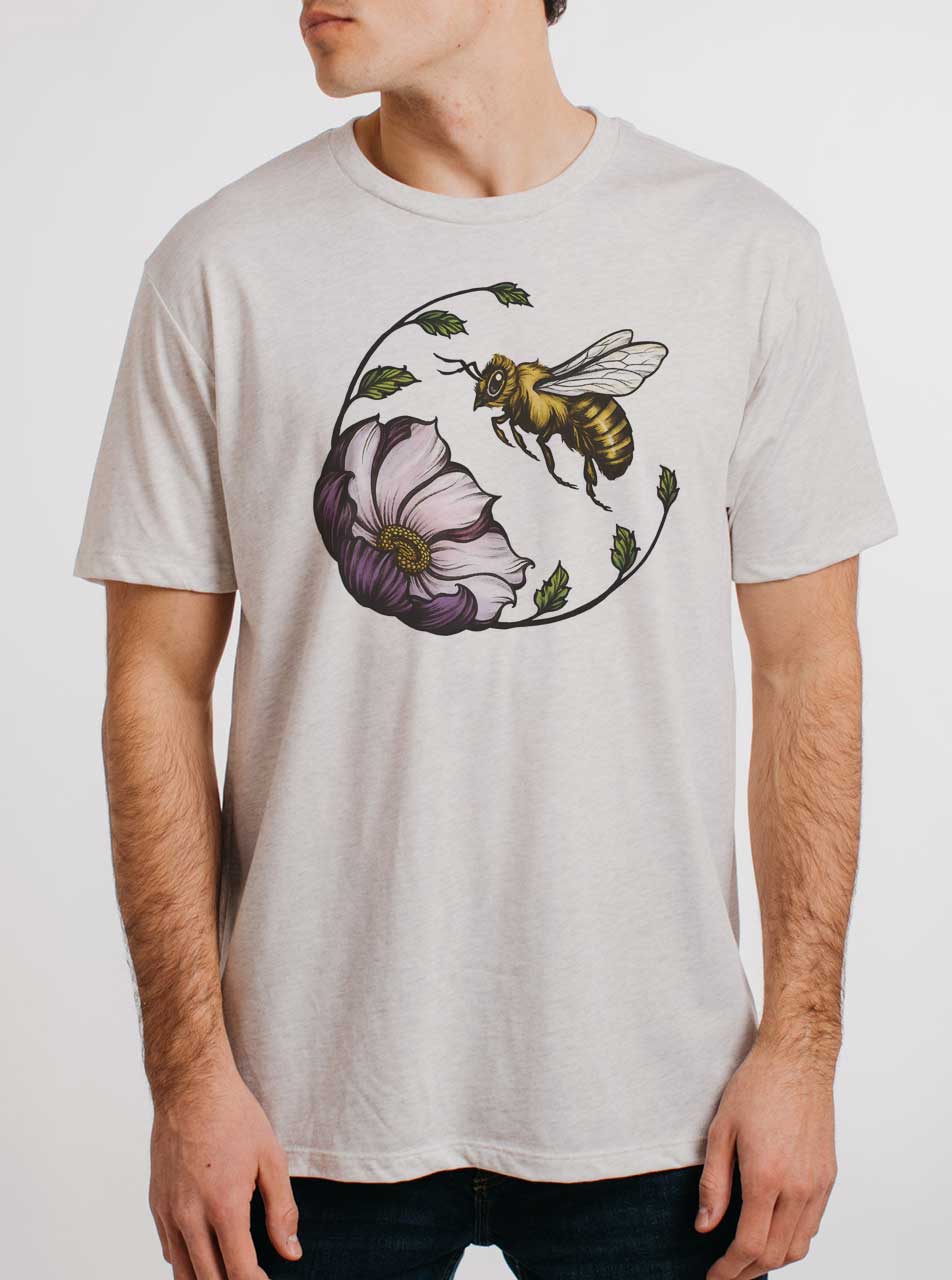 Bee and Flower - Multicolor on Heather White Triblend Mens T