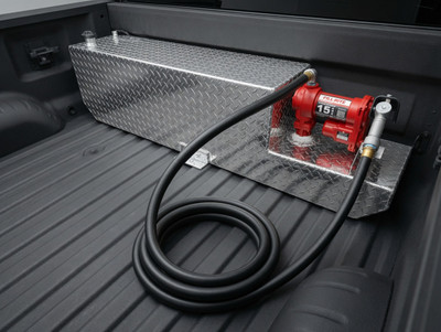AT38RBR-TF - DOT Legal Transfer Tank 
 38 gallon aluminum under Tonneau bedcover transfer tank. Legal for use with Diesel, Gasoline, Ethanol, Methanol and Aviation Fuel. Made by Aluminum Tank & Tank Accessories, Inc. (Shown with Fill-Rite Transfer Pump, sold separately).