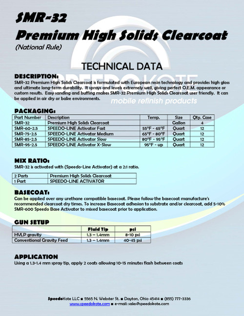 Premium High Solids Clear Coat, Clearcoat 7.5L Med. (Mid Temp.) Kit, SMR-32/75 Highest Gloss Premium Clear Coat, use at 65-80 deg. F