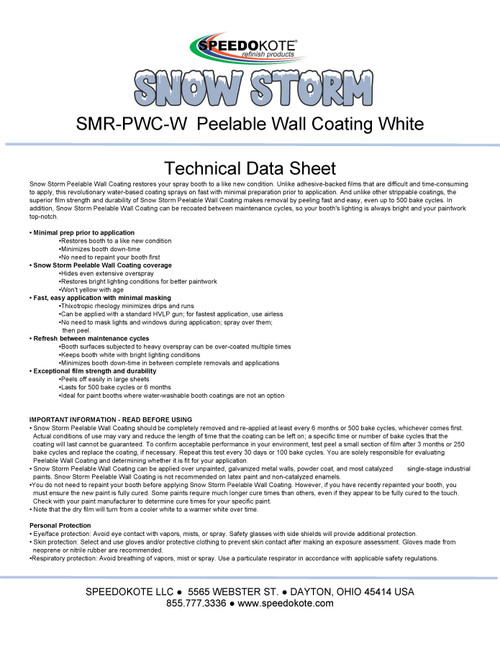 White Peelable Spray Booth Wall Coating, Snow Storm, SMR-PWC-W, One Gallon