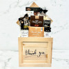Luxury thank you gift crate featuring truffles, chocolate treats, savory crackers, and gourmet snacks