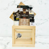 Condolences Crate with gourmet chocolates, biscotti, crackers, fig jam, and a calming candle