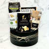 Simply Vegan Gift Basket with plant-based snacks including crackers, olives, artichokes, truffle crisps, and dark chocolate