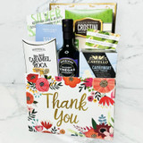 Thank You gift box with gourmet crackers, Camembert cheese, olives, pistachios, balsamic vinegar, and chocolate roca bites