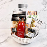 Gourmet Pasta Bowl gift set in glass bowl with pasta, tomato sauce, olives, sausage, and Italian snacks