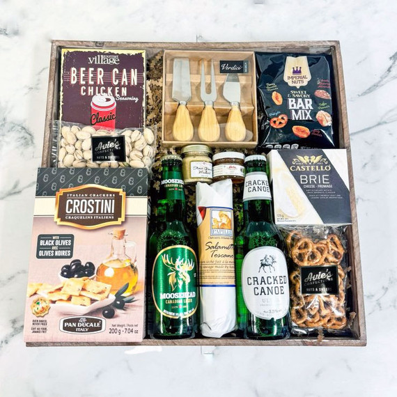 Kickoff Snacks & Beer Basket with gourmet savoury snacks