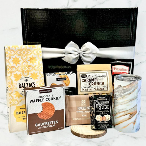 Coffee gift basket featuring Balzac’s coffee, marble mug, chocolate treats, biscotti, and snack assortment
